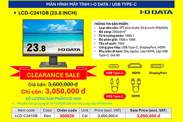 [CLEARANCE SALE] Màn Hình Máy Tính I-O DATA LCD-C241DB 23.8 Inch USB Type-C Giảm Sốc Chỉ Còn 3.050.000đ